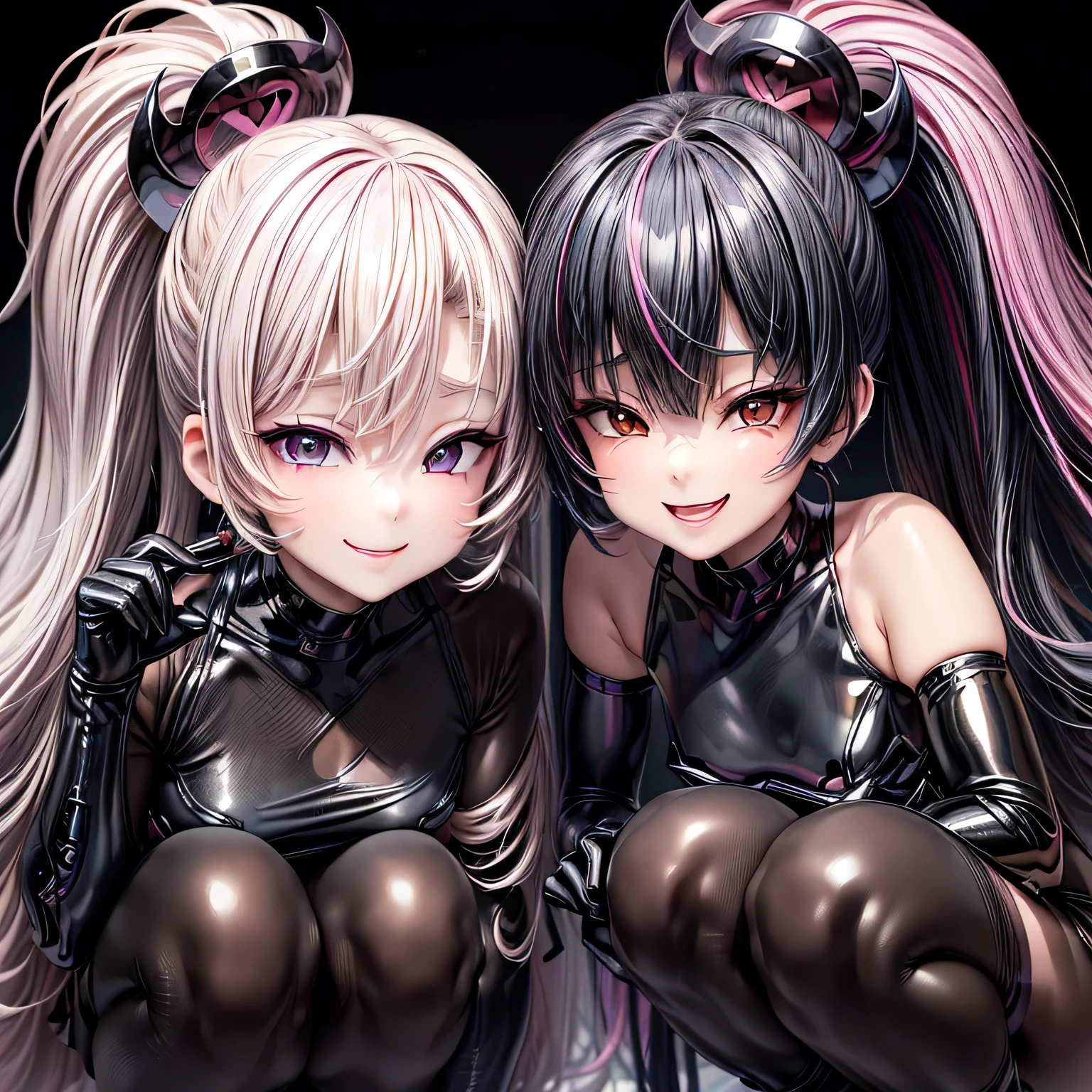 2girls、10yaers old、Lori、photographed、hyper realistic photography、Futuristic Gothic style、Black leather and steel studs、Music album covers、(Space galaxy in the background:1.4)、Metal Rock Concert、Heavy Metal Style、Pixiv Contest Winner、Precisionism、Official art、hight resolution、uhd image、masterpiece of best quality、Photorealsitic、detaileds、8K、nffsw、Depth of field is deep、Wide light、highcontrast、light glow、chromatic abberation、foco nítido、RAW color photo、Film Still、lighting like a movie、8K resolution、Nikon 85mm、awardwinning、ighly detailed、hightquality、film grains、Black costume、Decoration like rainbow film、gorgeous costumes、No skin exposure、babymetal、Black see-through underwear、Black Floral Point、Silk Fabric、two womens、dancing with spreading legs、waving at viewer、