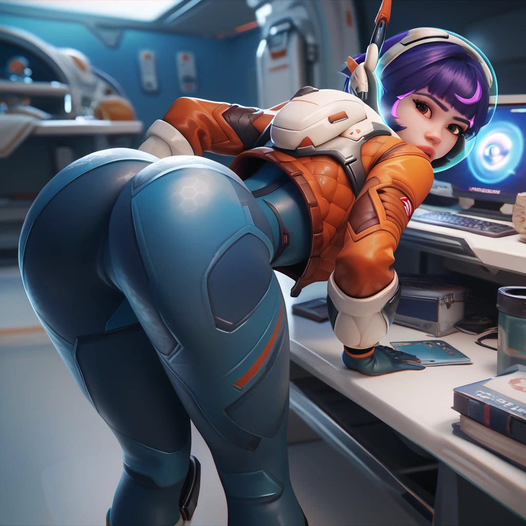 1girl, short hair, brown eyes, curvy waist, skinny, butt, big , bent over, big butt, exposed , horny, ass, jn0, space suit, purple hair,