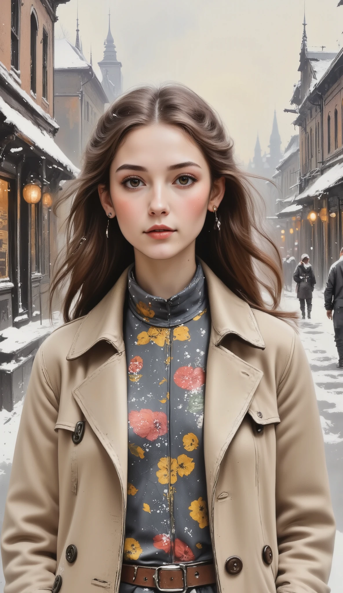 a beautiful young woman in a trench coat and a scarf,  in a snowy town , cold atmosphere,  detailed face and eyes,  intricate folds of clothing ,  soft lighting ,  winter landscape , warm tones, photorealistic ,  film composition , highly detailed, chiaroscuro, cinematic lighting, Fujicolor, UHD, Retina, masterpiece, Accurate,  anatomically correct , textured skin, Super detail, high details, high quality,  award winning , best quality, highres, 1080P, HD, 16K