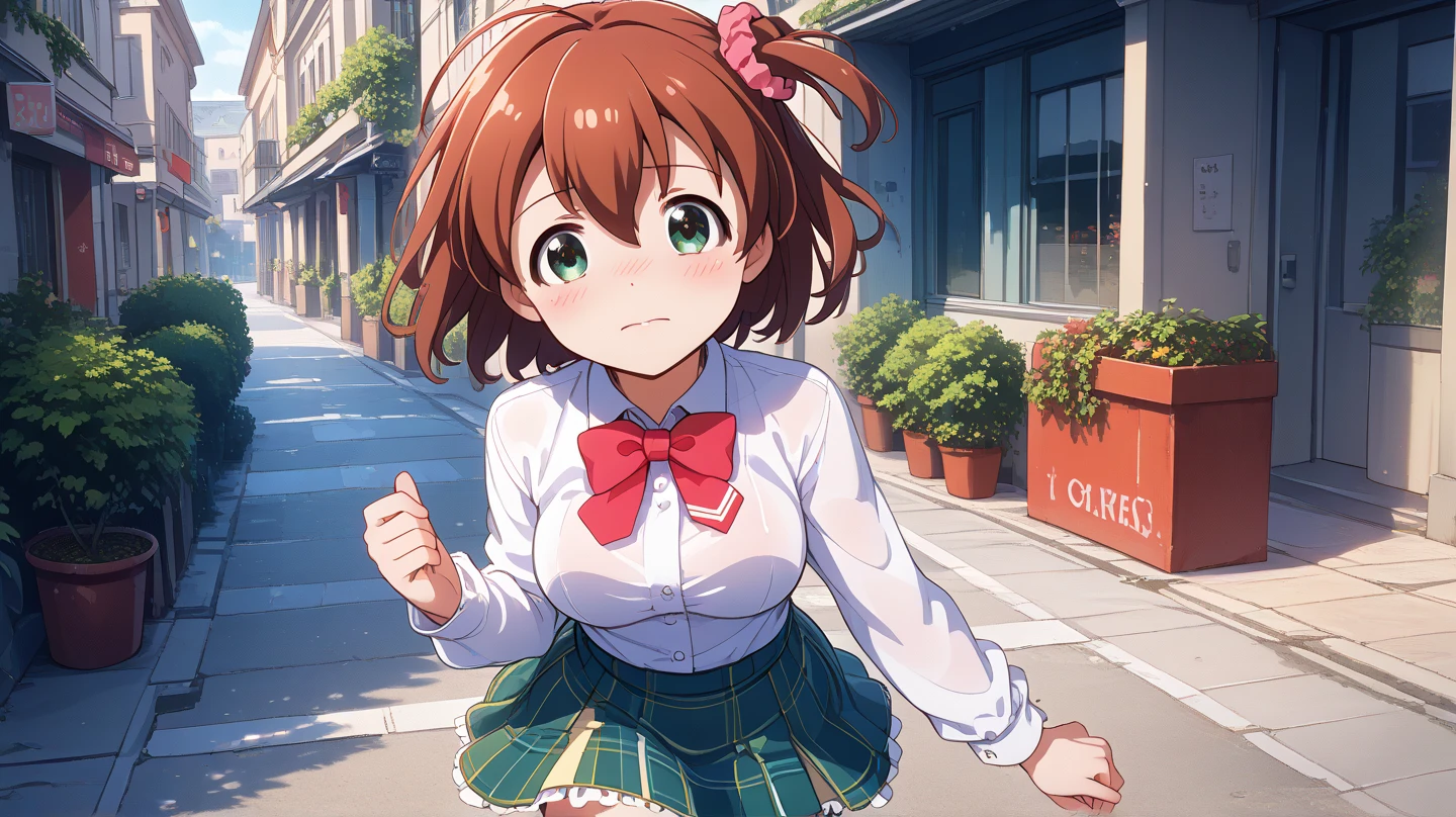 (masterpiece, best quality), highly detailed background, perfect lighting, best quality, batogamiki, solo, looking at viewer, from above, blush, shy, brown hair, one side up, hair scrunchie, red scrunchie, ahoge, hair between eyes, bangs, short hair, green eyes, medium breasts, white shirt, long sleeves, red bowtie, green skirt, plaid skirt, walking, outdoors, houses, road,