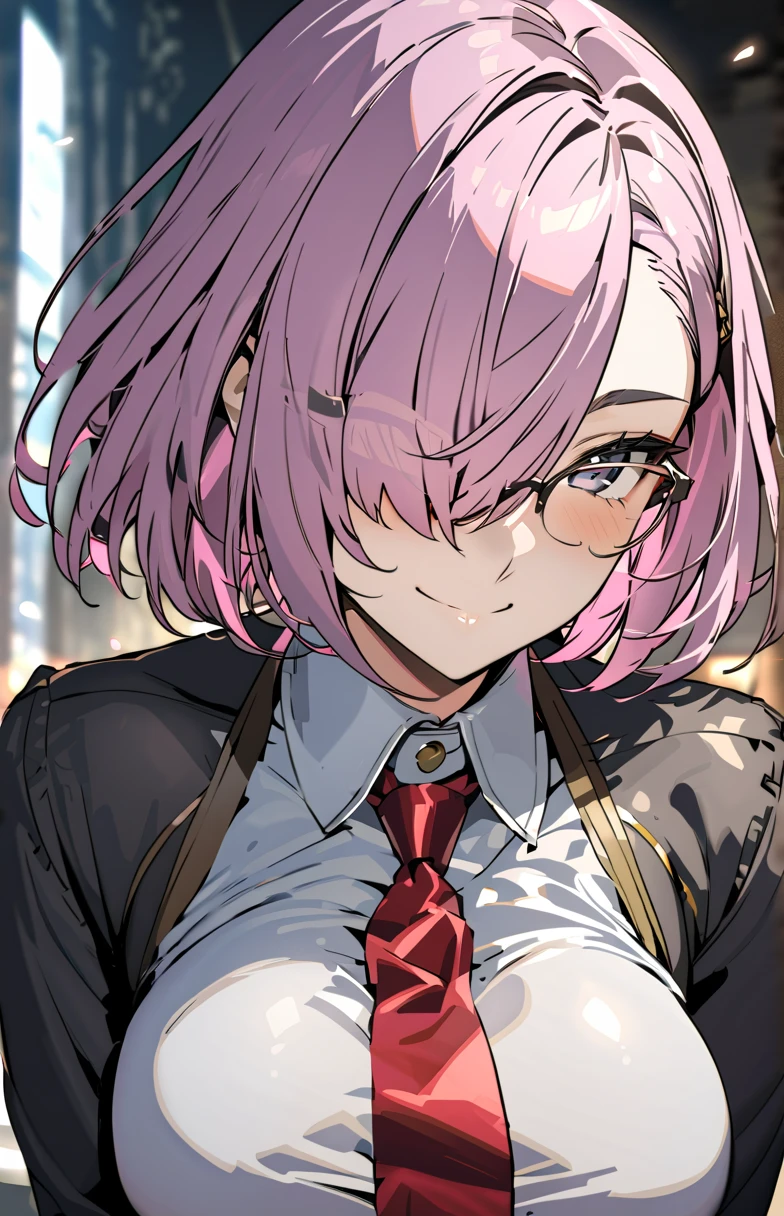 ( top quality 、masterpiece:1.2, mature woman), ( hair on one eye , Cover one eye)  Pink Hair、 short hair、Glasses、 black shirt 、White collar、 red tie 、smile