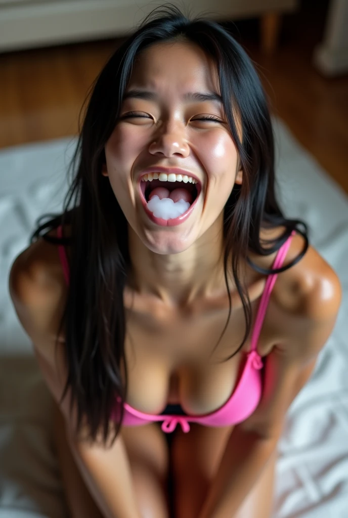 female Filipina **********, mouth very wide open and smiling, mouth full of cloudy water, eyes open, long hair, wearing pink lingerie, extreme skin detail, ultra realistic, 8k, wallpaper, kneeling on floor, viewed from above