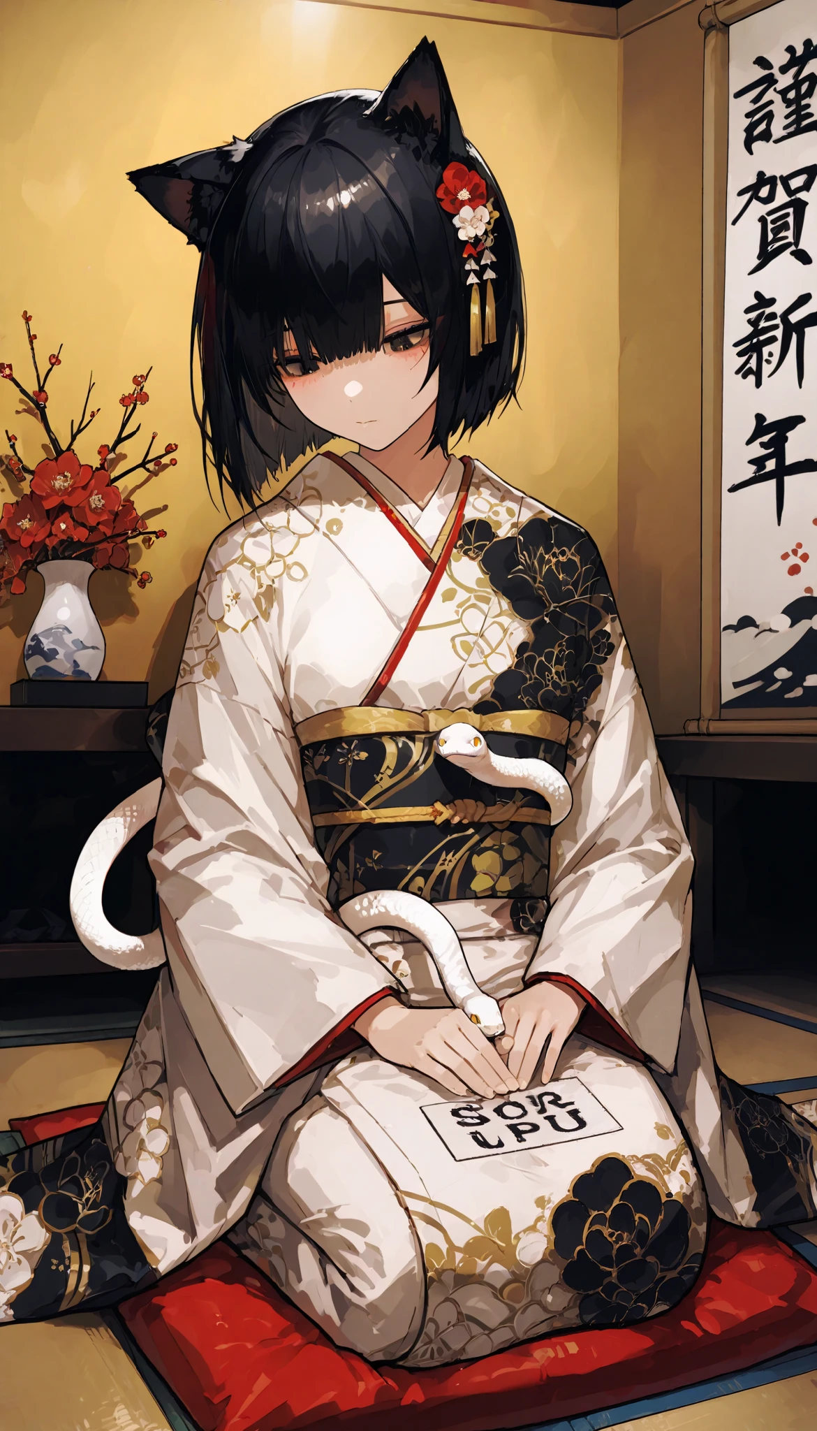 (8k, top quality , masterpiece, Ultra Fine: 1.2),kimono,Japanese-style room, Similarly , full body, Cat ears, seiza, New Year's pine decoration, black hair, Medium Cut, Start writing , Intertwined with snakes