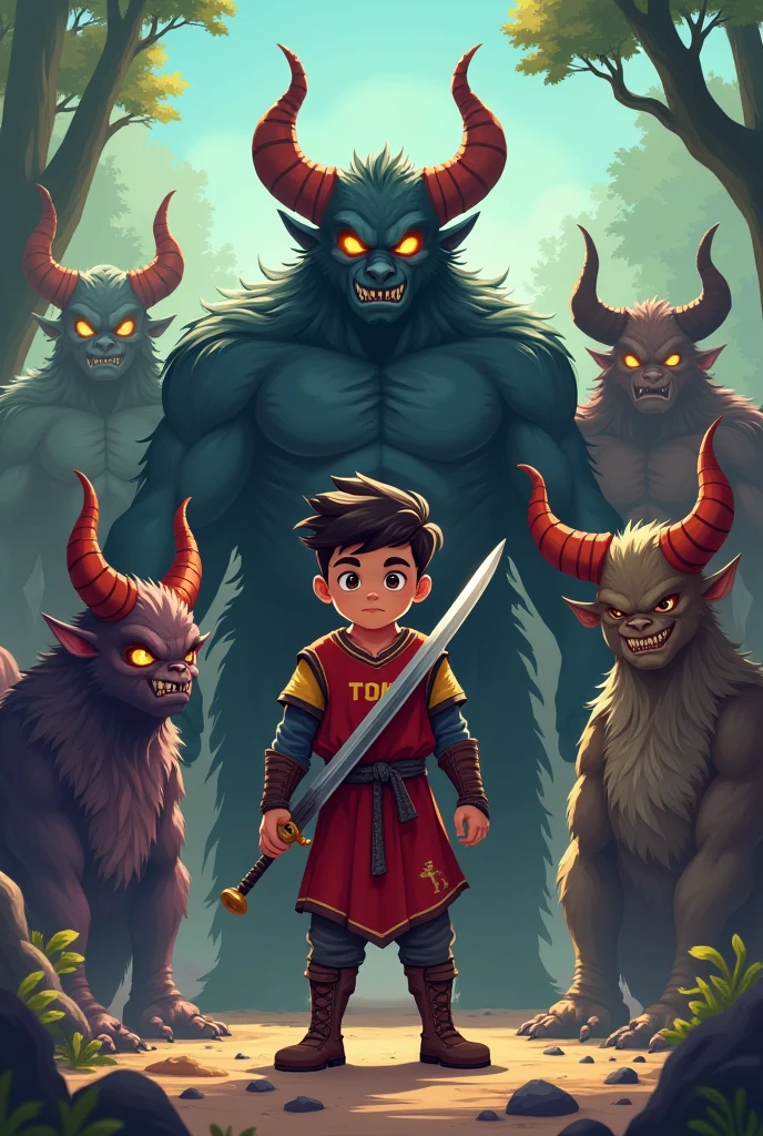 Make me a cute cartoon hero fighting a big scary demon
