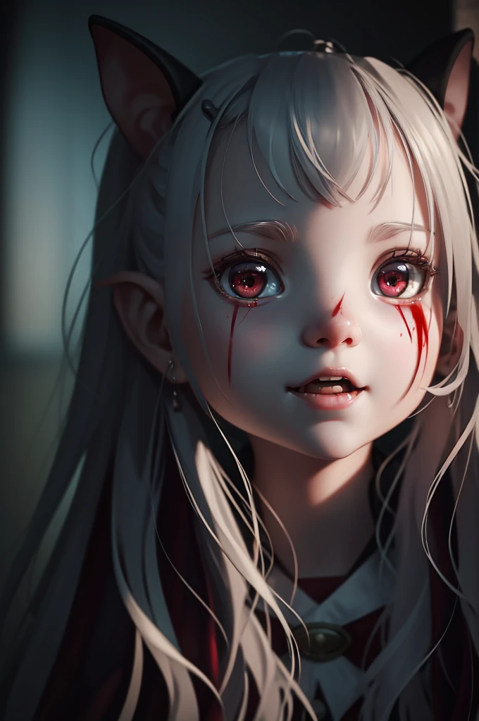 of a real，Perfect facial features，Realistic skin texture，Cute baby vampire girl，closeup cleavage，head portrait，with her mouth open，（See the throat：1.4），Blood-red eyes，（long canine teeth：1.4），There is blood on the teeth，long whitr hair，（blood stains at the corners of the mouth：1.4），Blood，depth of fields，dynamic blur，high light，Real light，Ray traching，oc rendered，Hyper-realistic，best qualtiy，8K，Works of masters，super-fine，Detailed pubic hair，Correct anatomy，sharp focus on eyes，Bokeh，Facial features are carefully depicted