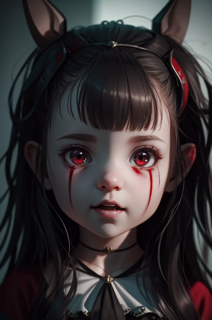 of a real，Perfect facial features，Realistic skin texture，Cute baby vampire girl，closeup cleavage，head portrait，with her mouth open，（See the throat：1.4），Blood-red eyes，（long canine teeth：1.4），There is blood on the teeth，long whitr hair，（blood stains at the corners of the mouth：1.4），Blood，depth of fields，dynamic blur，high light，Real light，Ray traching，oc rendered，Hyper-realistic，best qualtiy，8K，Works of masters，super-fine，Detailed pubic hair，Correct anatomy，sharp focus on eyes，Bokeh，Facial features are carefully depicted