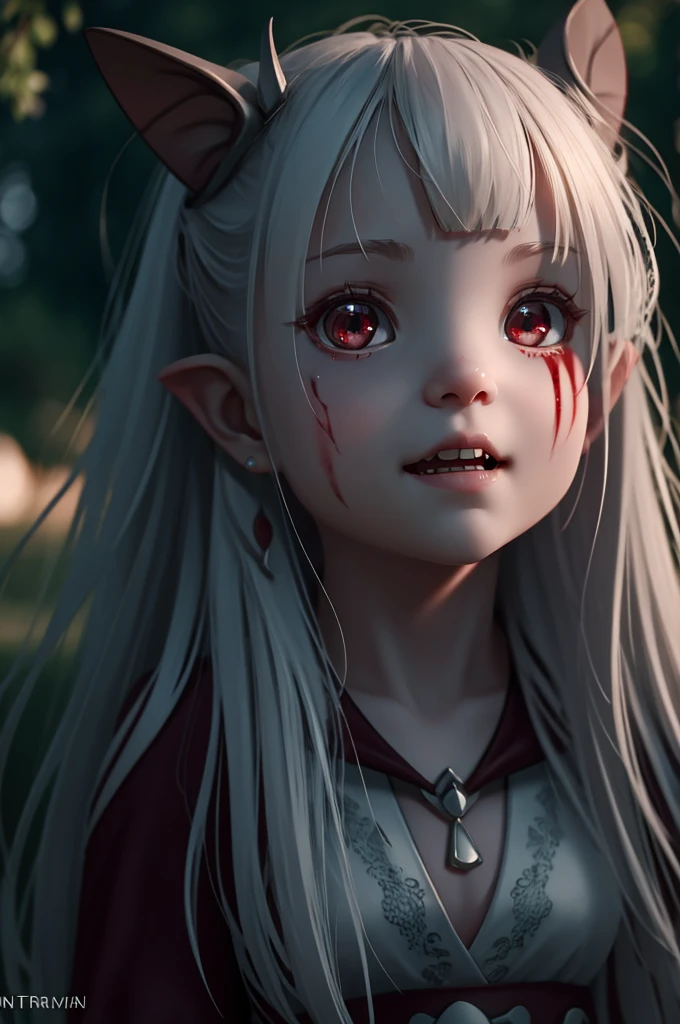 of a real，Perfect facial features，Realistic skin texture，Cute baby vampire girl，closeup cleavage，head portrait，with her mouth open，（See the throat：1.4），Blood-red eyes，（long canine teeth：1.4），There is blood on the teeth，long whitr hair，（blood stains at the corners of the mouth：1.4），Blood，depth of fields，dynamic blur，high light，Real light，Ray traching，oc rendered，Hyper-realistic，best qualtiy，8K，Works of masters，super-fine，Detailed pubic hair，Correct anatomy，sharp focus on eyes，Bokeh，Facial features are carefully depicted