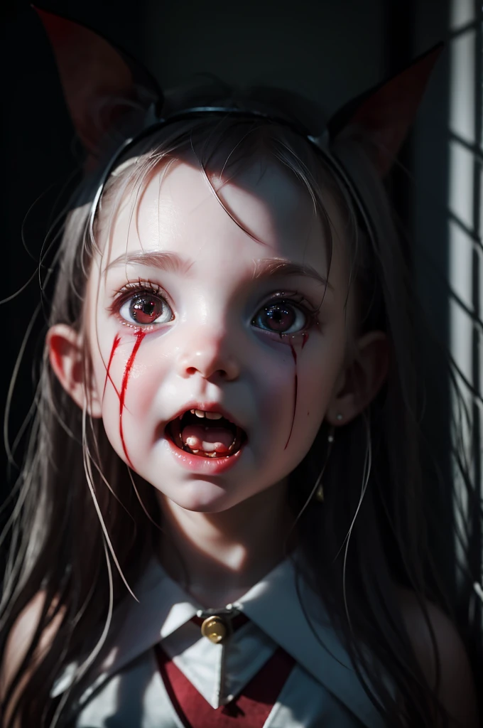 of a real，Perfect facial features，Realistic skin texture，Cute baby vampire girl，closeup cleavage，head portrait，with her mouth open，（See the throat：1.4），Blood-red eyes，（long canine teeth：1.4），There is blood on the teeth，long whitr hair，（blood stains at the corners of the mouth：1.4），Blood，depth of fields，dynamic blur，high light，Real light，Ray traching，oc rendered，Hyper-realistic，best qualtiy，8K，Works of masters，super-fine，Detailed pubic hair，Correct anatomy，sharp focus on eyes，Bokeh，Facial features are carefully depicted