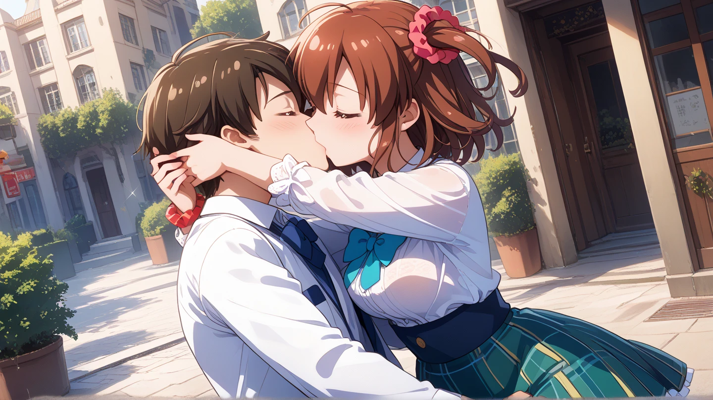 (masterpiece, best quality), highly detailed background, perfect lighting, best quality, batogamiki, romance, kiss focus, blush, shy, brown hair, one side up, hair scrunchie, red scrunchie, ahoge, hair between eyes, bangs, short hair, closed eyes, medium breasts, white shirt, long sleeves, red bowtie, green skirt, plaid skirt, 1boy, hug, kiss, outdoors, houses, dutch angle