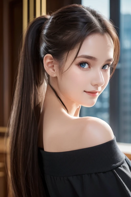 verry realistic girl face, perfect blue eyes, (big breasts: 1.2), smile cruel, UHD, perfect skin texture, Hyper-realistic, 32k, ponytail long hair,