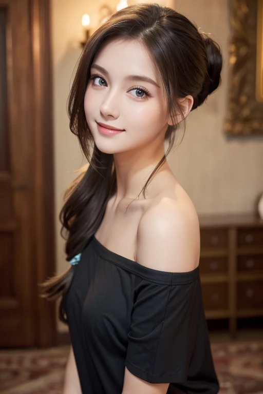 ( top quality ), (masterpiece), ( high res), ( detailed information:0.2),(  professional lighting ), room,  detailed background ,  Oversized Black T Shirt ,  Off Shoulder , (Previous View),  1 girl, Alone, ( beautiful faces:1.40),   slender body ,  fine skin, smile, long ponytail brown hair, Sky Blue Eyes, (Medium sized beast:1.10),  view in viewer ,  