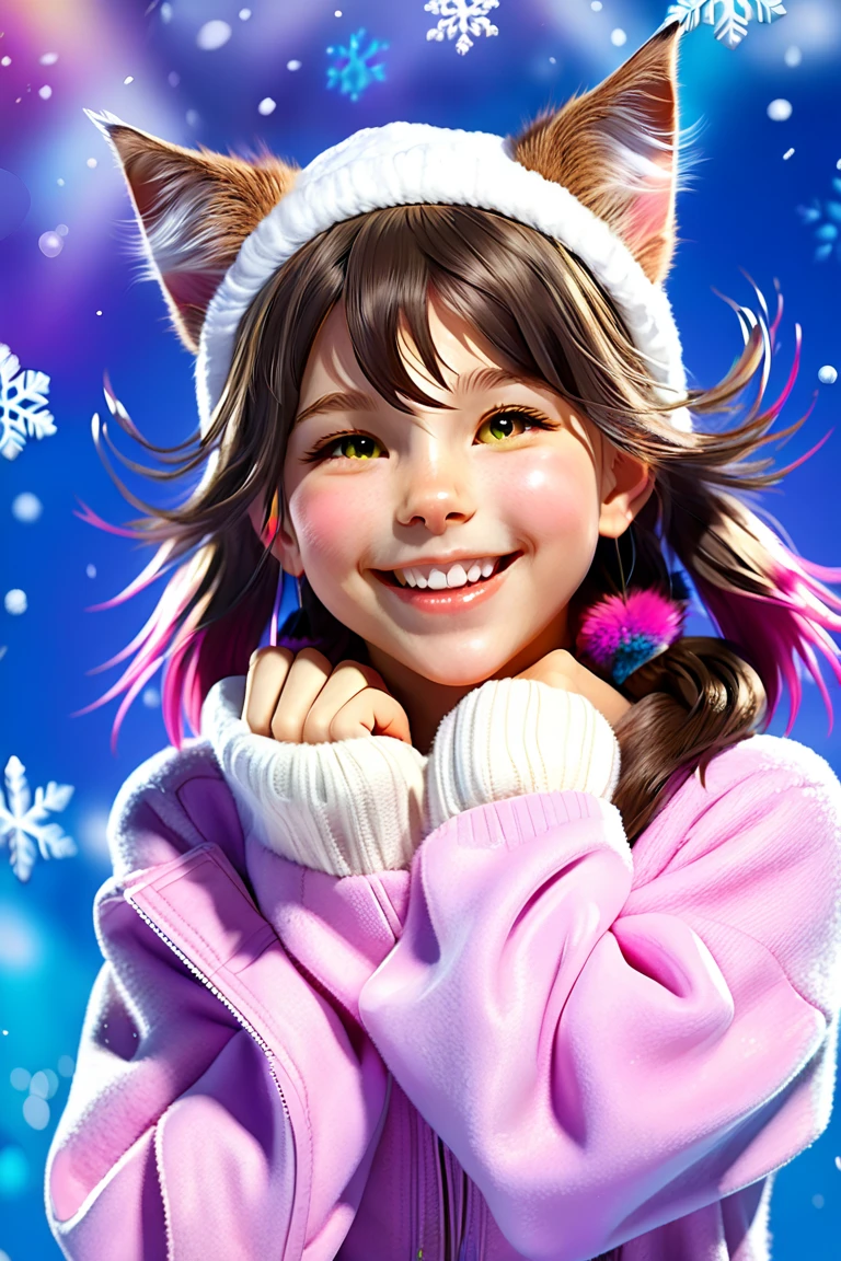 Cat eared, paw pose, cheerful, cute ((twelve years old catgirl)), real cat ears, real cat tail, vibrant colorful winter background, pink warm jacket and scarf. 