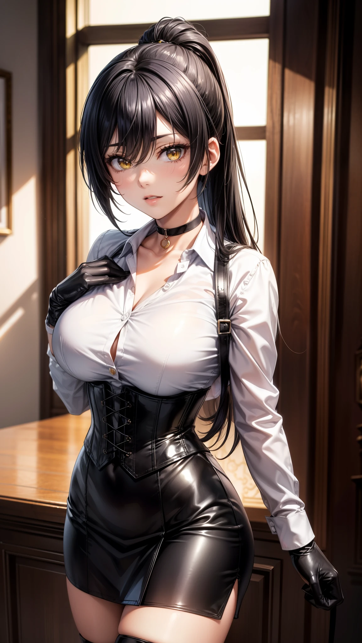 (Yaedef :1.4), 8K, highres,  ultra detailed , (masterpiece:1.4),  best quality, Sakuya Shirase, symmetrical body, sensual lips,   perfect breasts ,  big breasts ,  slender legs , badass anime girl , bright clothes, beautiful, Alone, standing, pose sexy, dynamic view,  tender look,  long ponytail black hair,  detailed face ,  detailed eyes ,  amber yellow eyes,  choker :1.6, ( white collar shirt :1.4),  long black gloves , (black leather corset), ((shiny black miniskirt)),  black leather boots , elegant night room , darkness