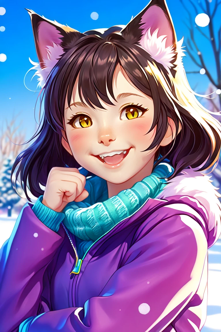 Cat eared, paw pose, cheerful, cute ((twelve years old catgirl)), real cat ears, real cat tail, vibrant colorful winter background, pink warm jacket and scarf. 