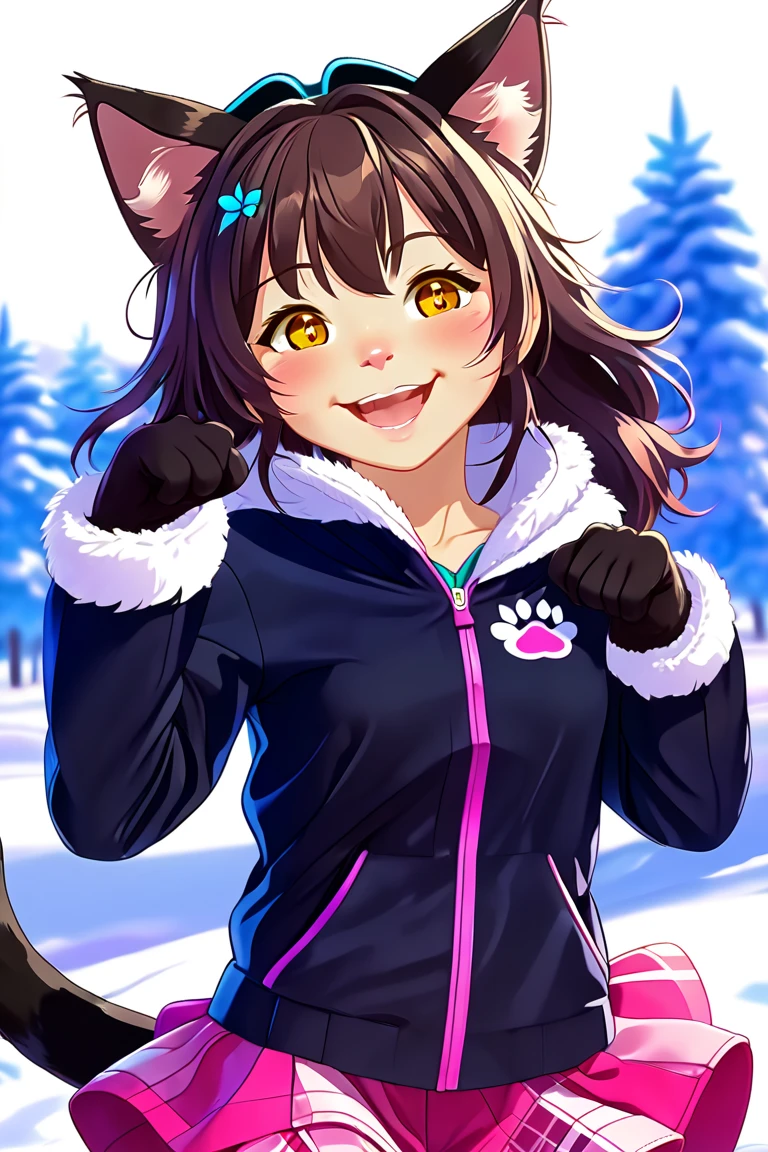 Cat eared, paw pose, cheerful, cute ((twelve years old catgirl)), real cat ears, real cat tail, vibrant colorful winter background, pink warm jacket and scarf. 