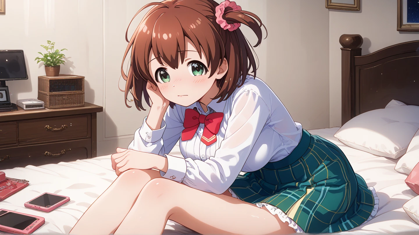 (masterpiece, best quality), highly detailed background, perfect lighting, best quality, batogamiki, solo, looking at viewer, blush, shy, brown hair, one side up, hair scrunchie, red scrunchie, ahoge, hair between eyes, bangs, short hair, green eyes, medium breasts, white shirt, long sleeves, red bowtie, green skirt, plaid skirt, sitting, on bed, night,