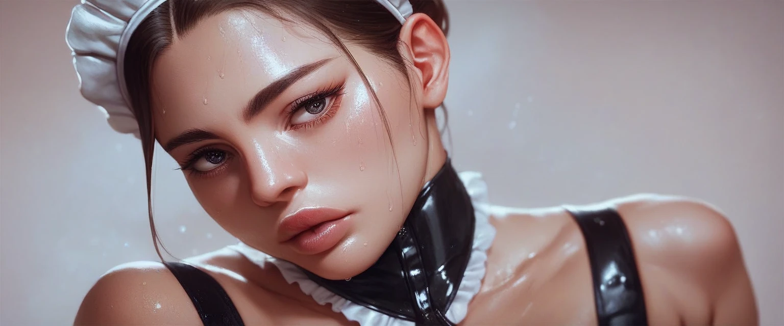 A beautiful girl, wearing a latex maid costume, large breasts, wearing a sexy Lingerie, sweating, anatomically correct, 1girl, detailed face, beautiful eyes, beautiful lips, detailed anatomy, anime, sensual