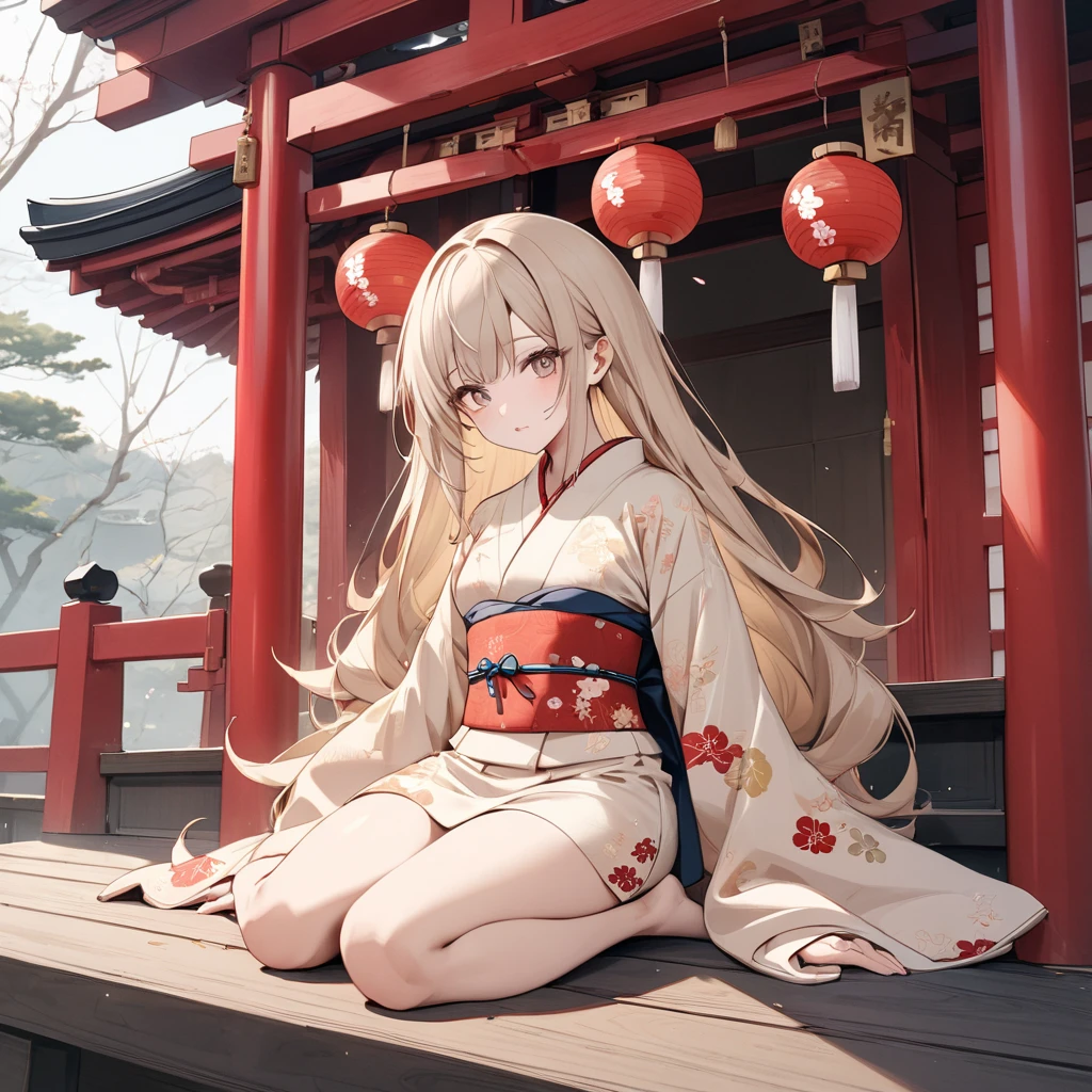 masterpiece, best quality, high resolution, 1girl, Alone, newest , safe, lazy cute woman, fluffy very long beige hair, beige eyes, Japanese new year style, japanese traditional kimono, shameful face, full body, real body, sitting on the shrine deck, sexy, kawaii, pale color, 90’s, Damaya, first visit of the year to a shrine, red, gold,