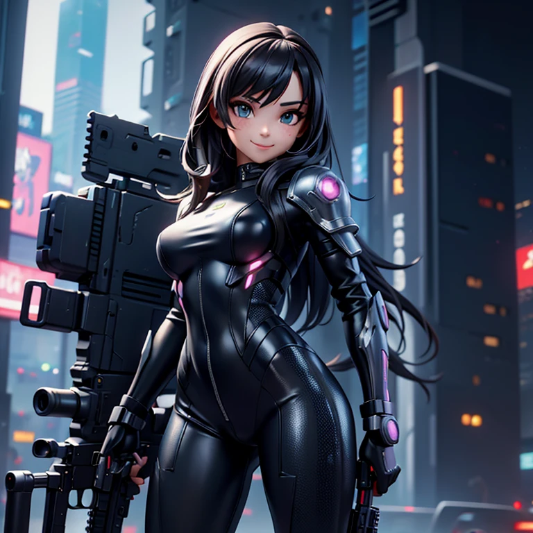 poseable articulated anime girl figure wearing a full-body heavy tactical black suit adorned with various accessories and military equipment, with red eyes and loose straight black hair. He is holding a tactical assault rifle in his hands., in a ready to attack pose. It has a destroyed city in the background.