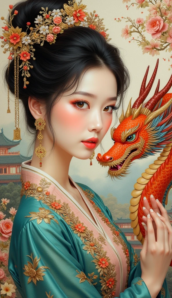 The picture is tranquil. A beautiful woman in traditional light red and white clothing stands elegantly next to a majestic red dragon and looks directly at it. The woman wears a gorgeous headdress and holds an exquisite object in her hand. The dragon envelops her with its intricate scales and fierce yet calm expression, creating a protective, harmonious bond between them. The background is dark, with subtle lighting highlighting the dragon and woman, and floating red flowers adding to the ethereal atmosphere.
