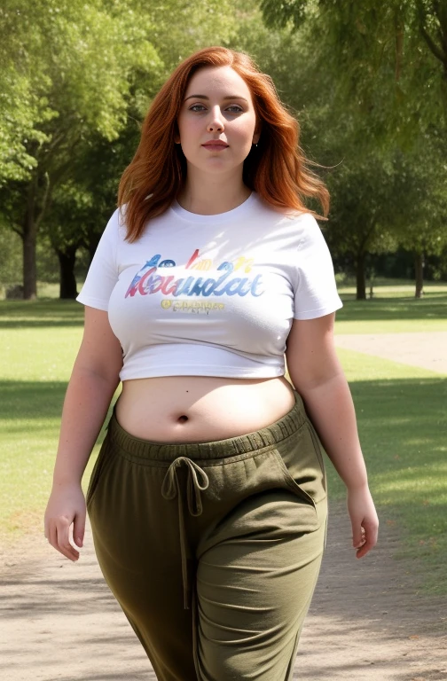 (best quality, realistic:1.2),chubby girl,ginger hair,curvy ,beautiful face and features,vivid colors,dressed,forest
