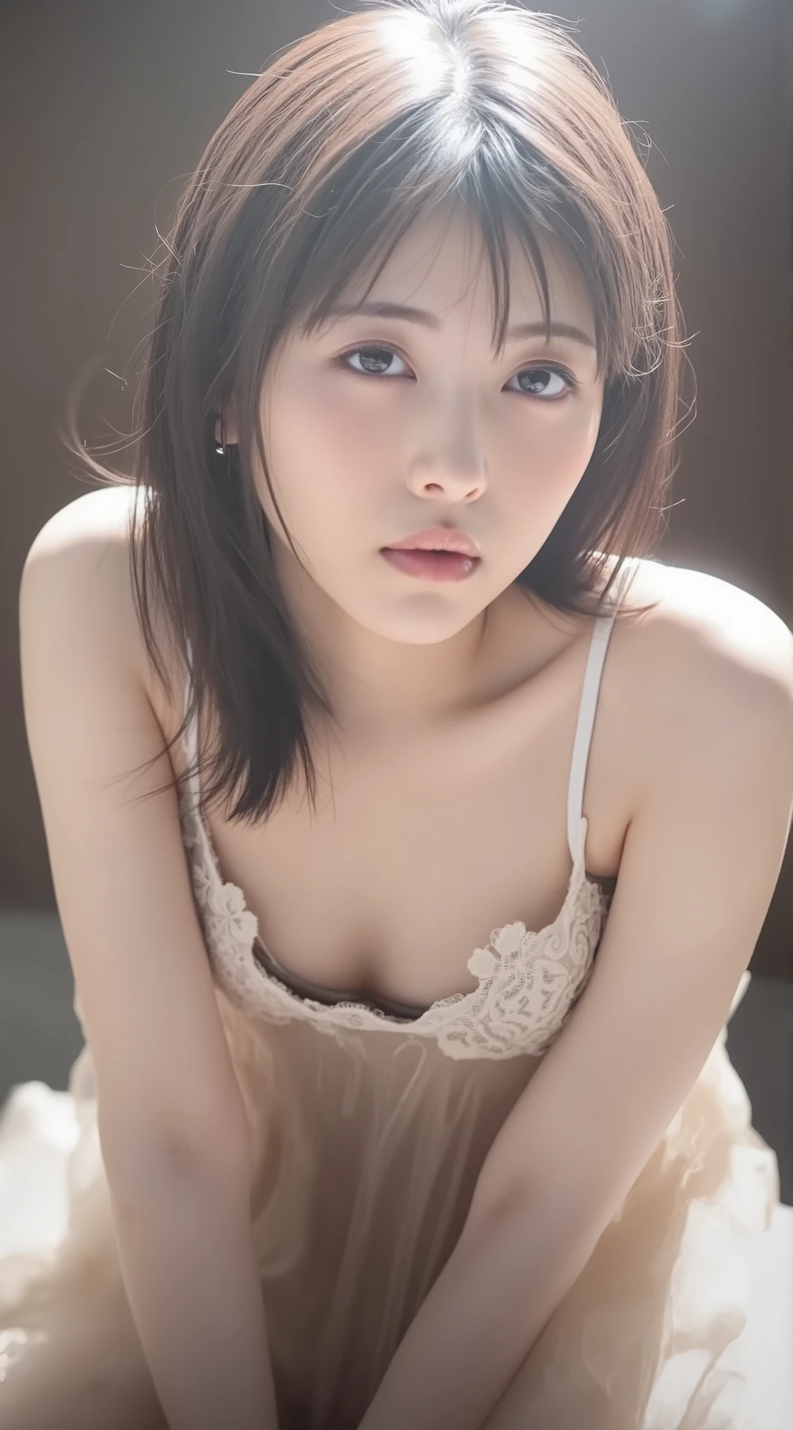 Japanese women in their 20s wear white strapless lingerie、Beautiful Makeup