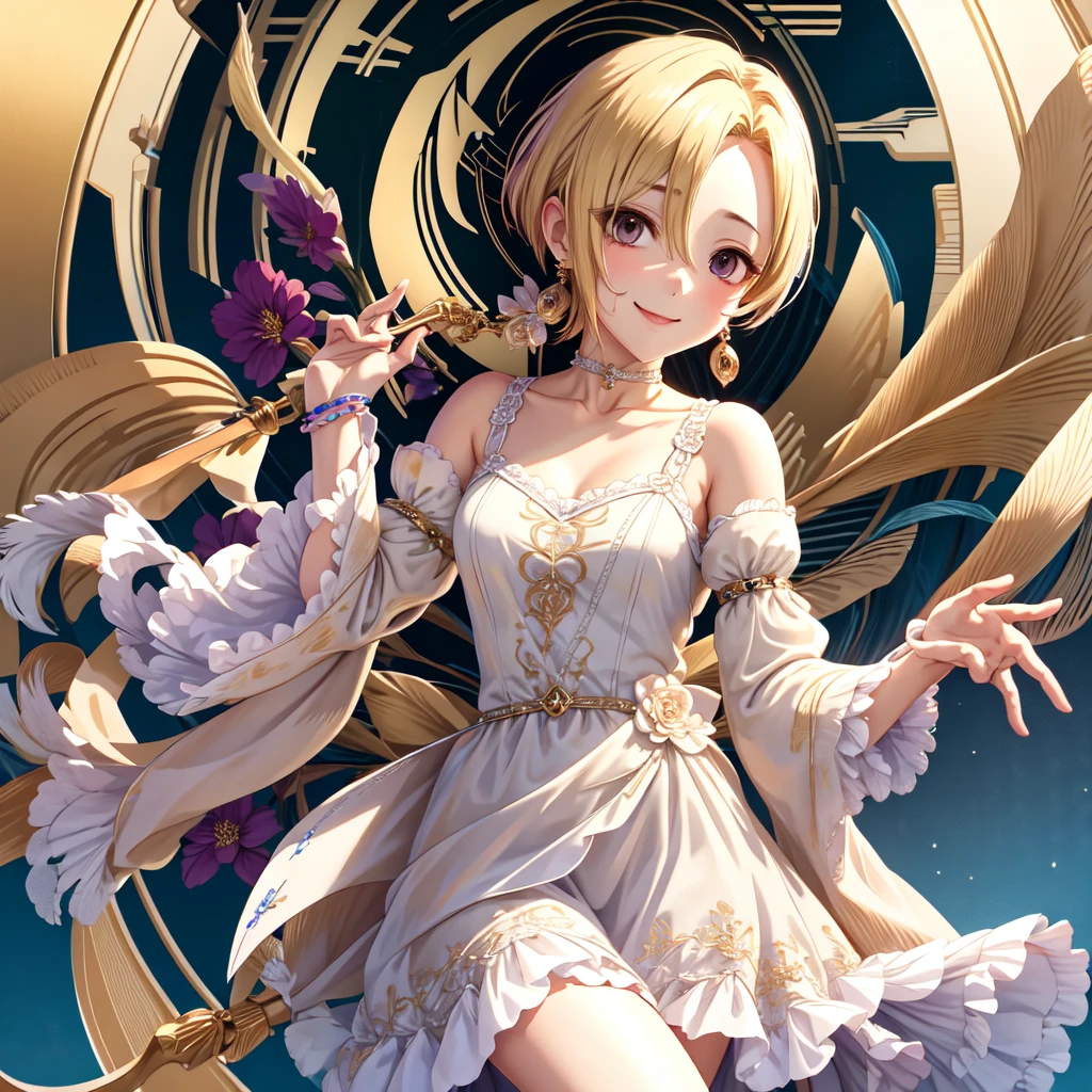 masterpiece,  top quality ,  ULTRA DETAIL,  illustration, , Shirasaka Koume,  1 girl, Alone,  watching viewers, , smile,  short hair, Blonde,  gloves,  dress,  brown eyes,   jewelry, clavicle, flower,  earrings for women with first name,  choker , Hair over the eyes,  cute,  top quality ,  realistic lighting , Light Particles,  complicated ( high detail:1.1), masterpiece, Baggy clothes、white men's shirt 、Moe sleeves、 white skin、Thin under-eye 、