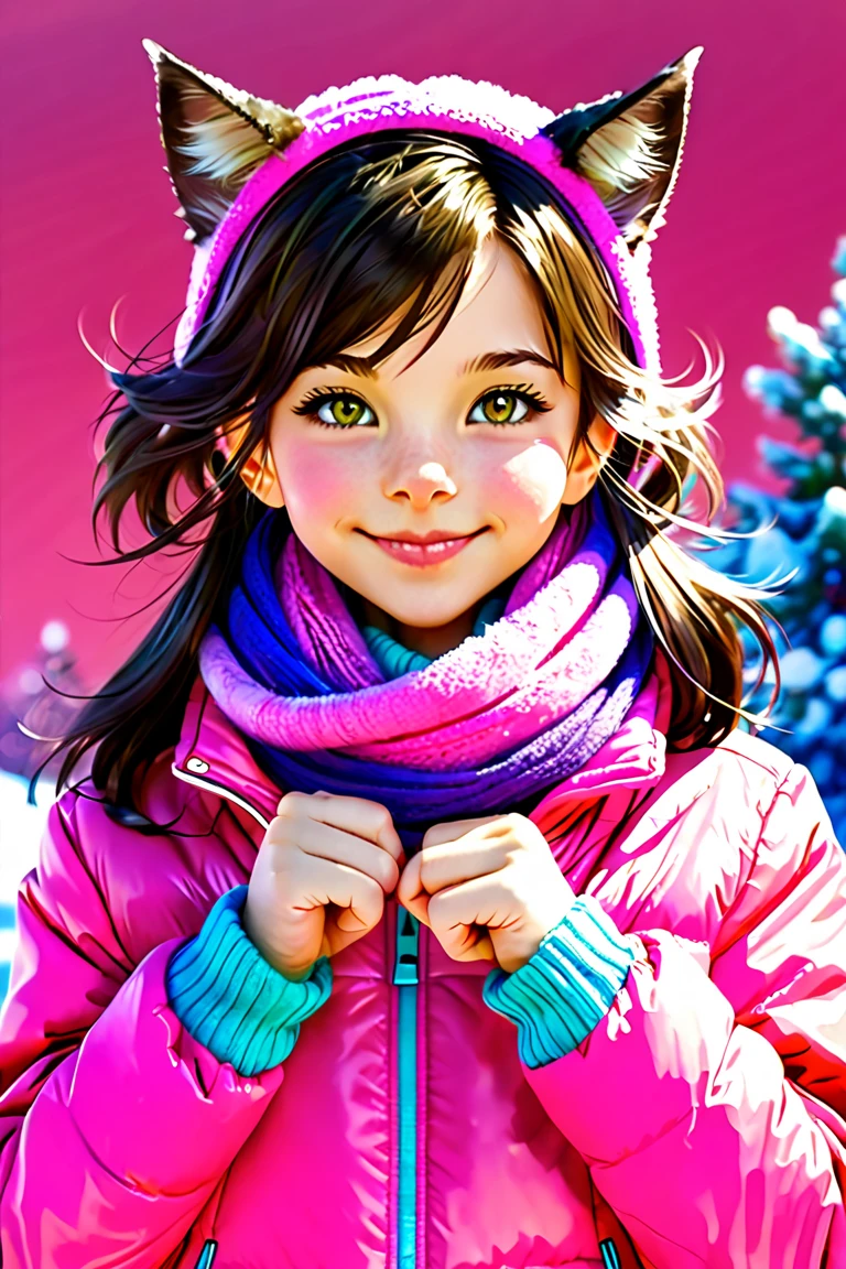 Cat eared, paw pose, cheerful, cute (( catgirl)), vibrant colorful winter background, pink warm jacket and scarf. 