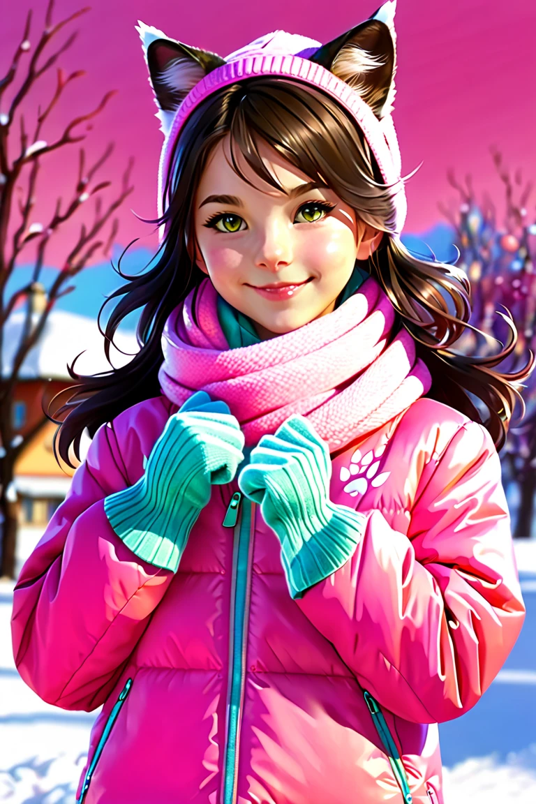 Cat eared, paw pose, cheerful, cute ((twelve years old catgirl)), real cat ears, real cat tail, vibrant colorful winter background, pink warm jacket and scarf. 