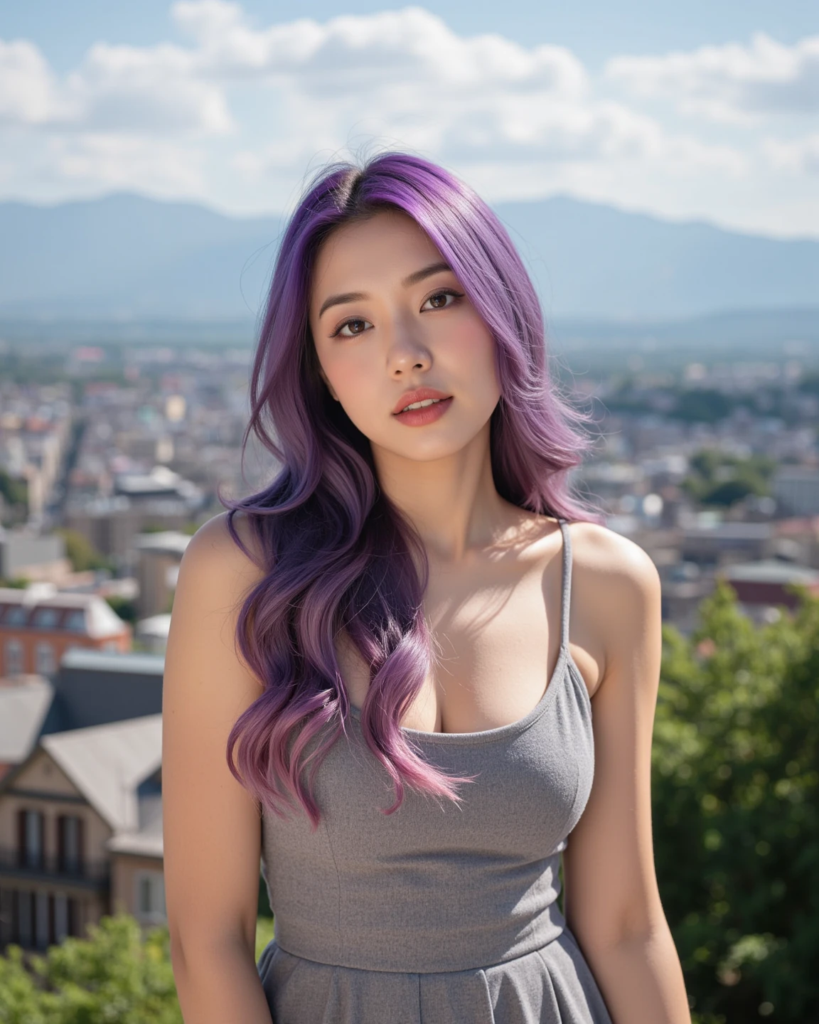 works of masters，27 years old、higher quality，advanced details，ultra high resolution，8K resolution，depth of one person&#39;View of the world&#39;perspective，the only person，woman，parents，thick eyebrows，No expression，purple hair big breasts，Show－Toponi－Te－le，hoop earring angle，ear studs，choker necklace，iron thorn，leather skirt，ファーShowーle，Combat to launch viewer，evening，sitting on a canyon rock，cinematic lighting，volume light，law of twilight，low brightness sunlight、shot from the side、(whole body whole body:1.3)、歯を見せるsmile、smile、