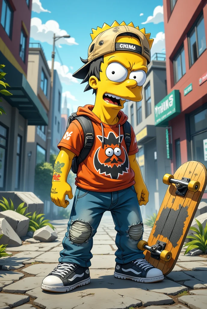 ((Masterpiece)), (best quality), (ultra-detailed), (photo-realistic), (anime-inspired), A **fierce and unyielding Bart Simpson**, clad in a rugged **skater-inspired outfit** reminiscent of **Tony Hawk**, standing **victorious** amidst a **gritty, high-octane battle scene**. His **warrior persona** retains the mischievous charm of **Bart Simpson**, now dressed in a **baggy graphic tee**, **worn jeans**, **skate shoes**, and accessorized with **knee pads** and a **backward cap**. A **skateboard** with a scratched, personalized design rests by his side, symbolizing his indomitable will. Set against a **highly detailed Unreal Engine 5.5 rendered environment**, the backdrop features dynamic lighting, intense shadows, and realistic textures. The scene captures the essence of **BANDAI NAMCO's iconic style**, blending Bart’s playful edge with the fearless spirit of a **skater boy** in a gritty **manga-inspired world**. **(Bart Simpson, Tony Hawk outfit, skater boy, gritty action, Unreal Engine, cinematic detail, anime influence, vivid colors)**.  