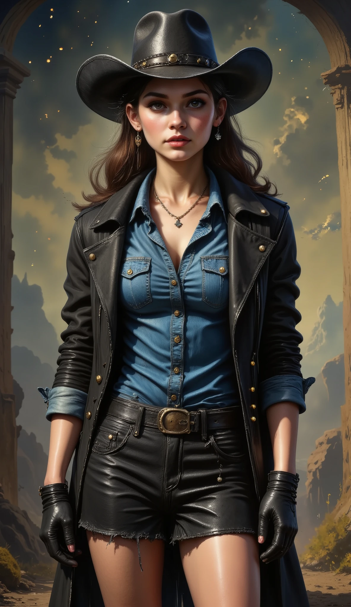  A cowgirl ,She wears a black cowgirl hat ,long black fur , a half-open denim shirt with a t-shirt underneath, black gloves, small waist, short black skirt ,black boots, spiked necklace and a tender face with black eyes 