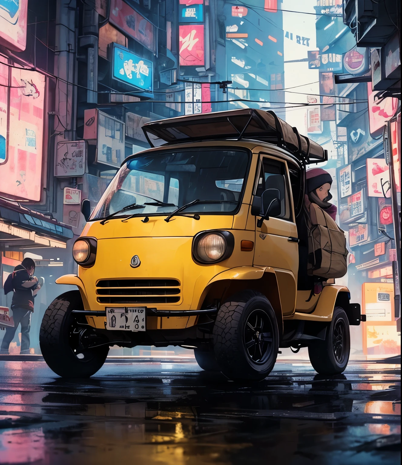 (  Late Night:1.3), , (  Beautiful skin texture 、Every Little Detail  ,    Detailsな美しい顔,  超  Details clothing textures), , (   cyberpunk:1.4), , (an  超  Detailsfour-wheeled and long bonnet tuk-tuk with load on roof carrier and eear loading platform with luggage on it and letter-tyres), , (3/4 Front view,    the car is in the center of the frame   ), , (In the parking lot, at  超  Details Night City of    cyberpunk), (すべての車は   cyberpunkなカスタマイズが施された日本の軽トラックのクラシックカーです), , (   soft lighting   ), , (masterpiece,  top quality :1.4, 8k,  超  Details,    illustration,    clear  _  bilder ,      complicated  _   Details, delicate    illustration), (   realistic :0.15)，Snow Scene，