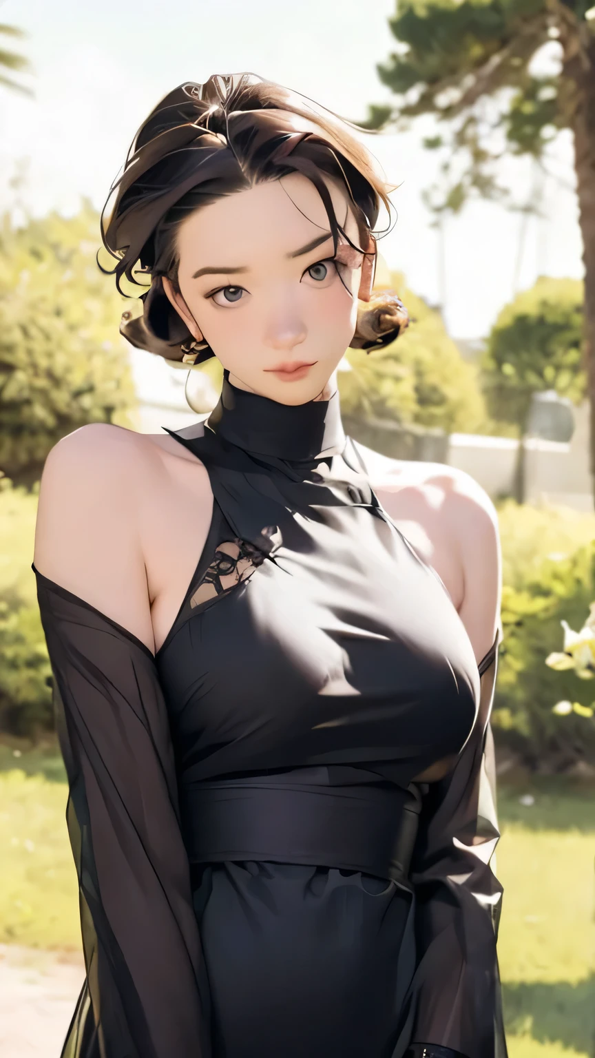 Highest quality、masterpiece、Perfect Anatomy、Center of chest,Black Dress,turtleneck, slim, short hair、(((Small breasts、Small breasts、Flat Chest)))、White shirt、Natural look、Blurred Background、