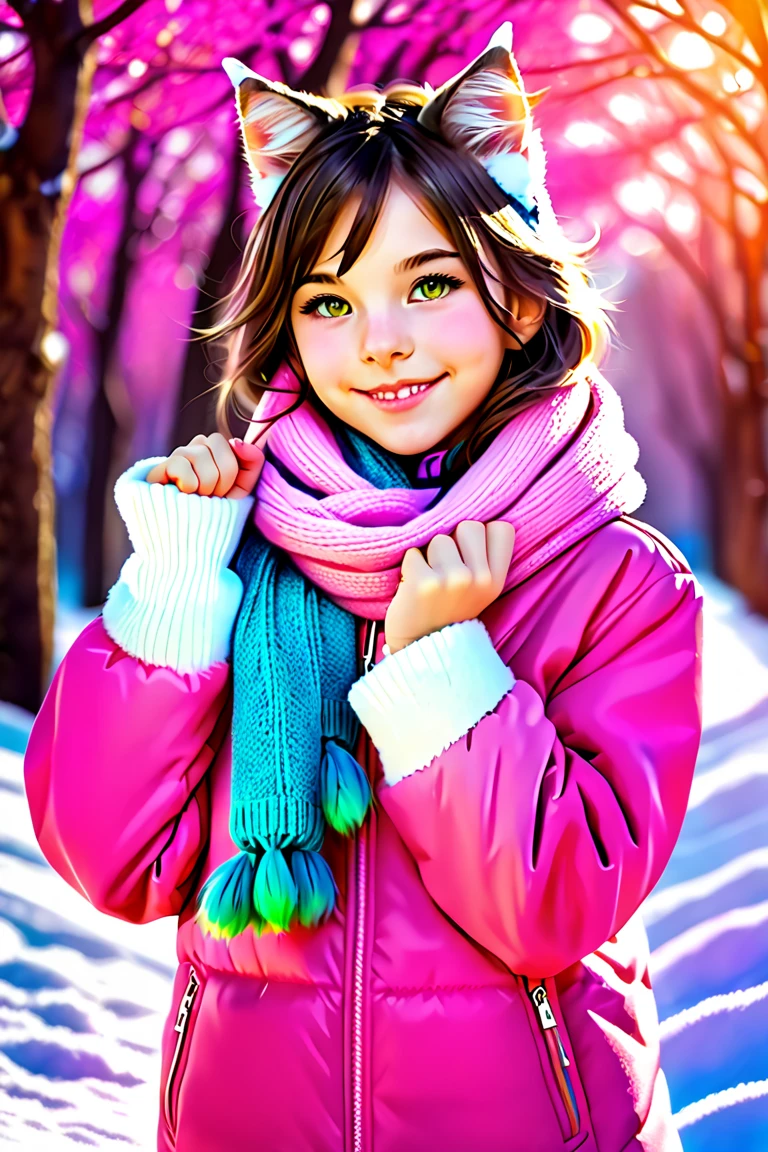 Cat eared, paw pose, cheerful, cute ((twelve years old catgirl)), real cat ears, real cat tail, vibrant colorful winter background, pink warm jacket and scarf. 