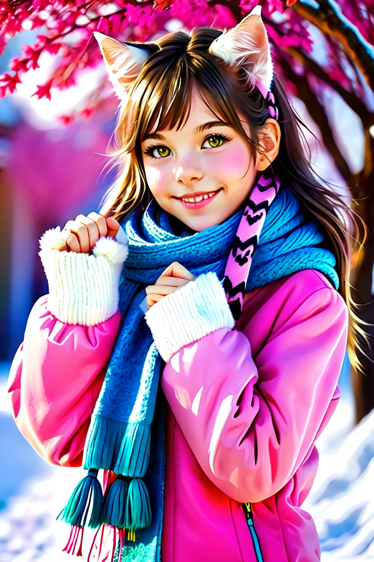 Cat eared, paw pose, cheerful, cute ((twelve years old catgirl)), real cat ears, real cat tail, vibrant colorful winter background, pink warm jacket and scarf. 