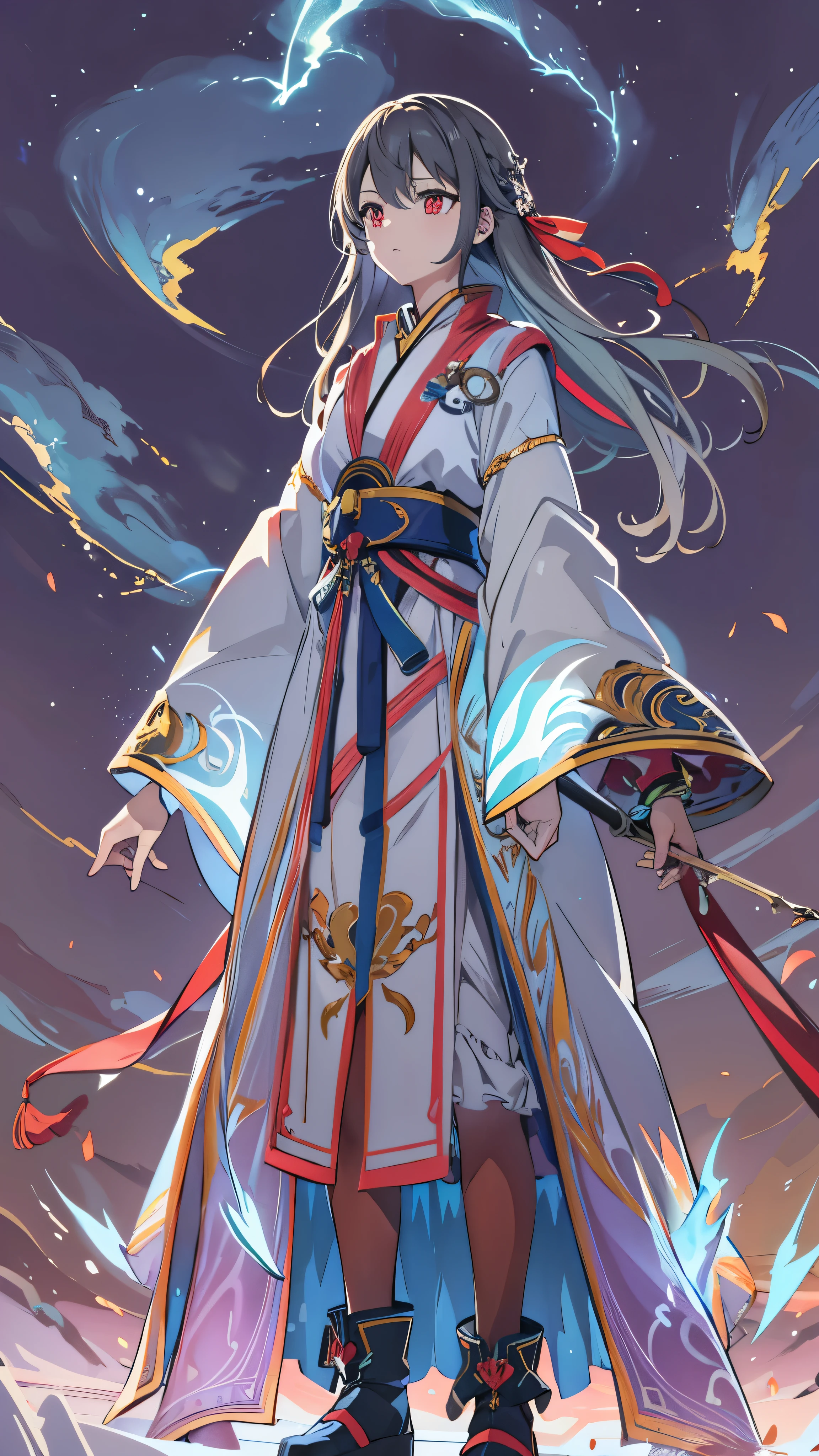  in high-definition images，( flat color:1.3),( colorful :1.3),(masterpiece:1.2),  top quality ,  original ,  extremely detailed wallpaper,  viewers because it's Shiragane in the middle of winter,  full body shot of a girl harboring lightning ,  full outfit wearing a long blue robe,  very detailed,  extremely detailed,  red eyes, electricity ,  Red Moon , A twinkling ray of light ,  cinematic lighting, mat, stone,  milky quartz ,  opalite , Intense Lightning、Fog, electricity 火花, lens flare,  rim lighting , backlit,  Bracelet ,  Color Difference