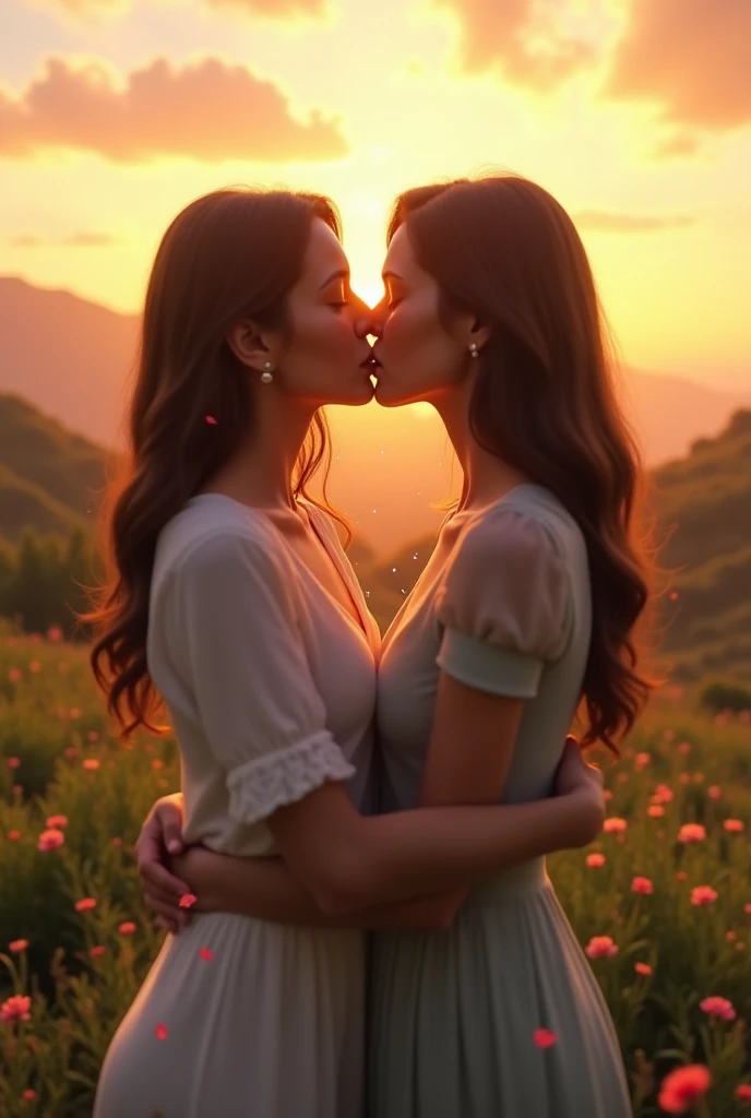 two girls, shadows, dark background, sunshine, eye contact, kiss, distant view, short and long hair, height difference, 8k quality, sunset, love, highly illustrated image, very detailed, Perfect picture, mountain