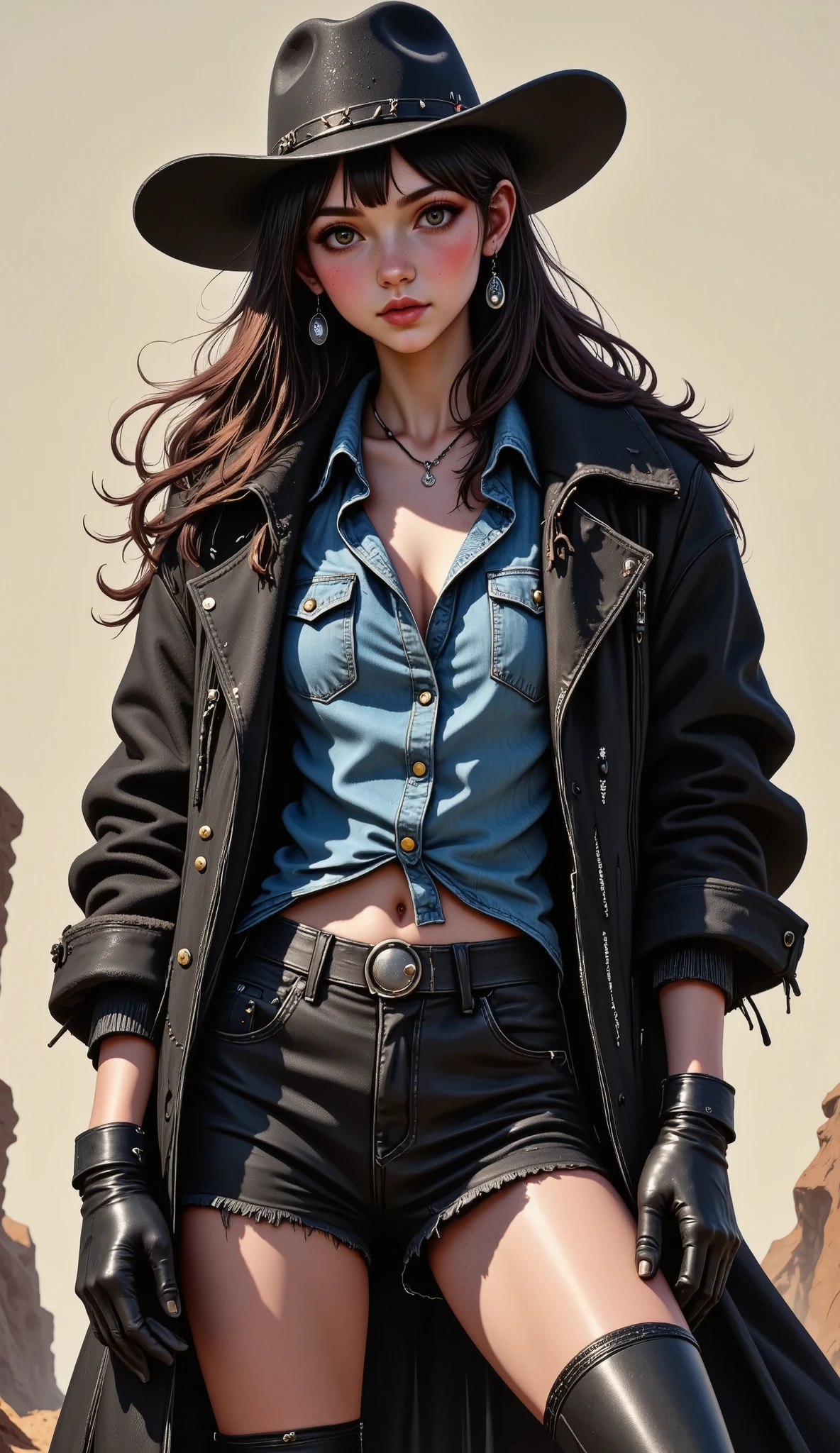  A cowgirl ,She wears a black cowgirl hat ,long black fur , a half-open denim shirt with a t-shirt underneath, black gloves, small waist, short black skirt ,black boots, spiked necklace and a tender face with black eyes 
