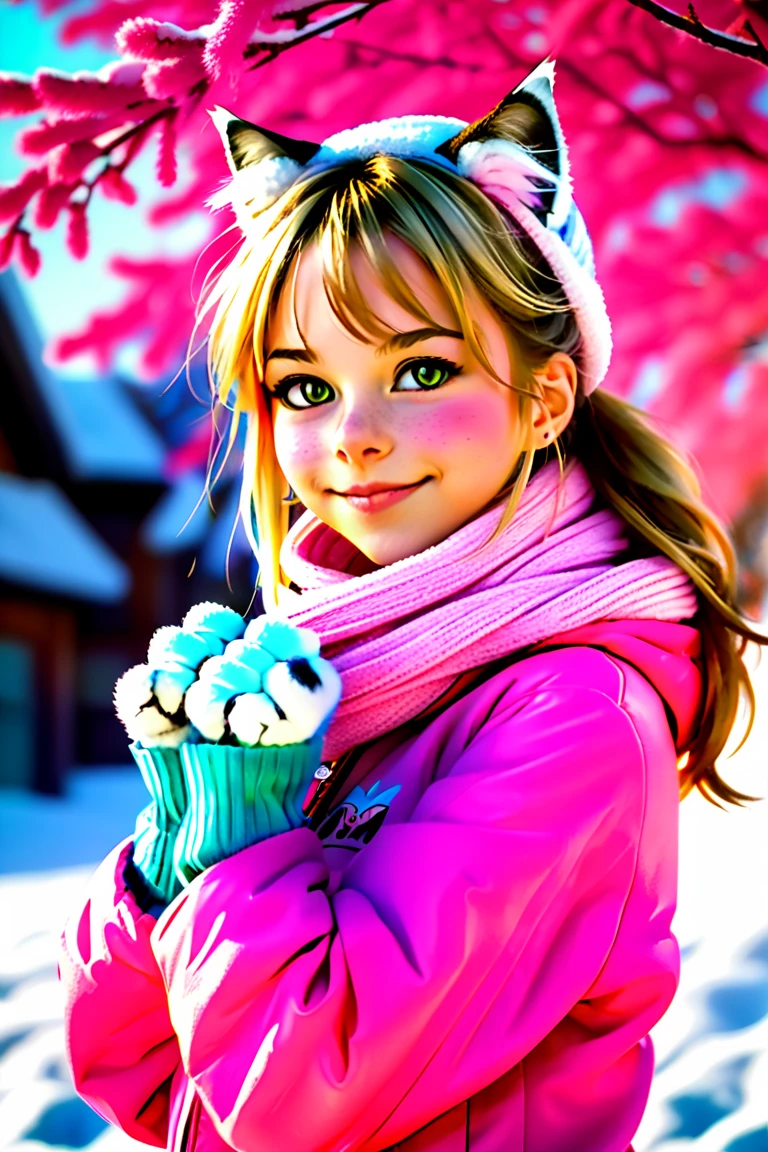 Cat eared, paw pose, cheerful, cute ((twelve years old catgirl)), real cat ears, real cat tail, vibrant colorful winter background, pink warm jacket and scarf. 