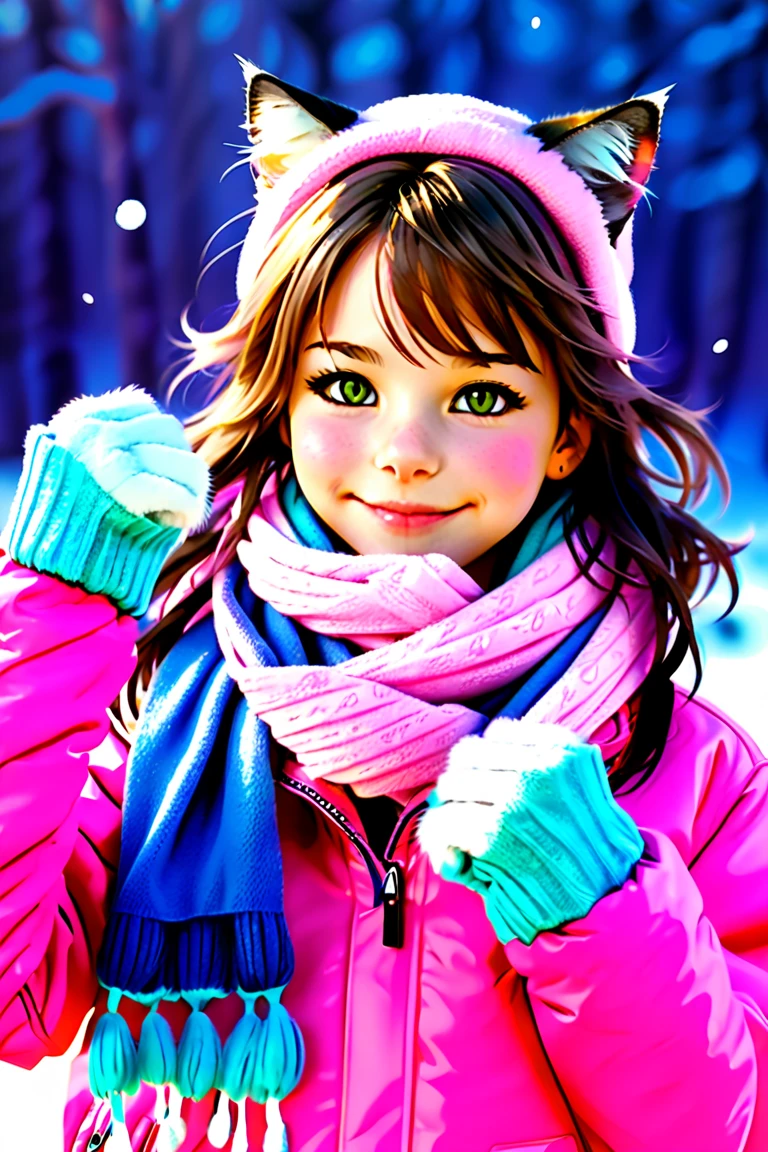 Cat eared, paw pose, cheerful, cute (( catgirl)), real cat ears, real cat tail, vibrant colorful winter background, pink warm jacket and scarf. 