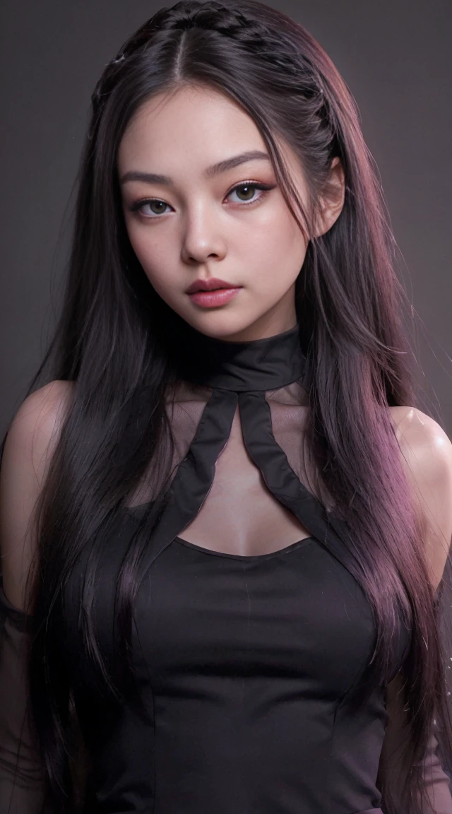 (very cute girl) , like jennie kim face, (raw photo:1.2), (()), (photorealistic:1.4), russia mix korea hyper white skin, realistic skin texture, pale skin, very detailed eyes and face, beautiful detailed eyes, turkish nose, super detailed, high resolution, very detailed, masterpiece,unified, 48k wallpaper, amazing, Fine details, masterpiece, best quality, ((Tight F cup breasts size)), straight long hair, (extra long hair : 1.5), dark brown hair, elegant hair style, light on face, cinematic lighting, 1girl, perfect body, slim abs, skinny, ((1girl , beautiful face)), hyper realistic bright lighting, realistic shadow, ((wearing a twisted long dress, dark purple color dress)), ((perfectly composition)), dynamic poses, dynamic shot angle, (All grey background)