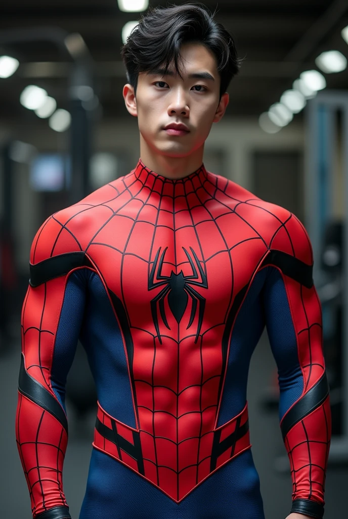A Young Korean man , 1boy, white skin , detailed skin, 1boy, ((realistic)), abs, good lighting quality, muscle veins, ((pale skin)), footballer, (masterpiece, ultra quality, high resolution, 8k, intricate:1.2), (detailed face:1.2), handsome, , bulge, 1boy,solo, (masterpiece, best quality:1.2), solo, male focus, 1boy, expressionless, looking at viewer, squatting, short hair, (streaked hair:1.1), red eyes, spider suit, spider web print, spider web, rooftop, balance eyes