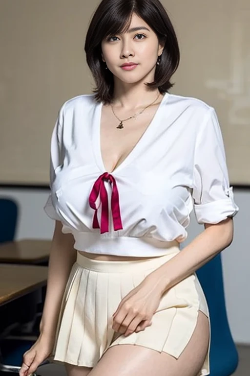 ((8K, RAW photos, Highest quality, Masterpiece), HD RAW color photo professional close-up Photograph, showing panties, (Realism, Photo realism: 1. 37), (Highest quality), (Best shadows), (Most Best Illustration), (Erotic, Sexy, 超高分辨率, HD CG integrated 8K wallpapers, Cinematic lighting, 18 year old schoolgirl uniform shirt, ( White color blouse,Buttoned open lipstick collar: 1.2), (Sailors collar uniforms), short blouse, Shirtless, Red plaid pleated skirt, (cleavage), beautiful eyes in detail, Sexy pose, Look from the bottom up, Lying