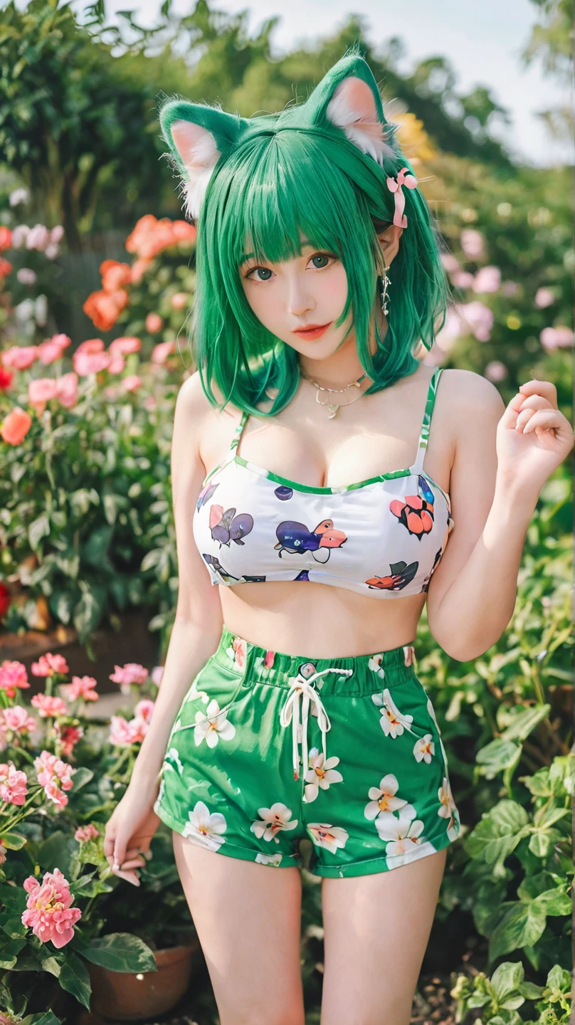 HDR, UHD,64K, nokiapretty, bikini white color, black background, greenhair, from below
