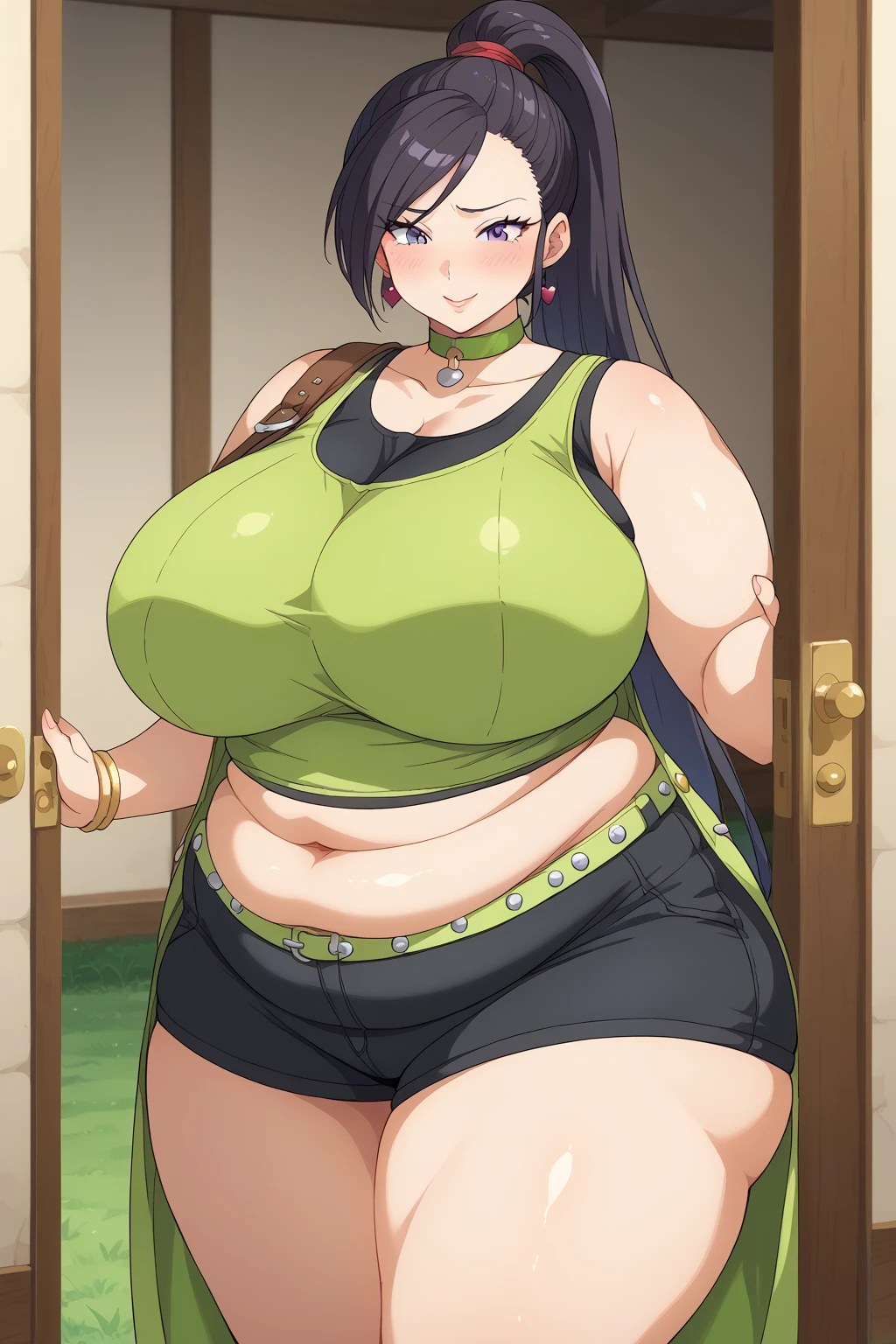 dragon_Quest martina , Martina、 long hair、 ponytail、 purple eyes、 black hair、 shoulder out、 ((( Yellow-green Crop Top、 Yellow-green Choker ,  crop top and connected choker, black tank top,black short spats ))),Exposed Navel , Bare Thighs ,milf, obese の中年女性, embarrassing expression , troubled expression,((Outdoor,grassland)), score_9,  score_8_ up、 score_7_ up、 score_6_ up、 score_5_ up、 score_4_ up、 masterpieces at the front door of the house、 top quality 、 very aesthetic、 absurd,、 Source_Anime‎ screencap, one woman、Alone、 personal 、Long Hair,Super huge breasts, ((( super huge clevis, Super huge, Super huge boob))), Curvy、 wide hips、Fat body、 chubby、 obese ,