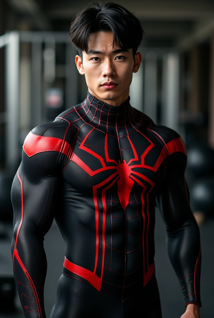 A young Korean boy in a torn Spider-Man costume. with details, Red and black color scheme :: Highly detailed, แมงมุมที่มีHighly detailed, ดวงตาที่มีHighly detailed, นิ้วที่มีHighly detailed, Take the whole body, Quiv haircut, dynamic poses, Look at the camera, Detailed parts of the face, Manly, nighttime, city scenery, city lights, Detailed city roof background, Monk sex, perfect anatomy, Symmetrical body, Asia, 19 years old, realistic, human skin, short hairstyle, handsome chad chin, handsome, sit, open legs, charming, Be a man, sexually, close your eyes, open your mouth, human skin, (Make eye contact), charming, Big hip pants, very good, depth of field, perfect composition, in the middle ,(Torn:1.5)