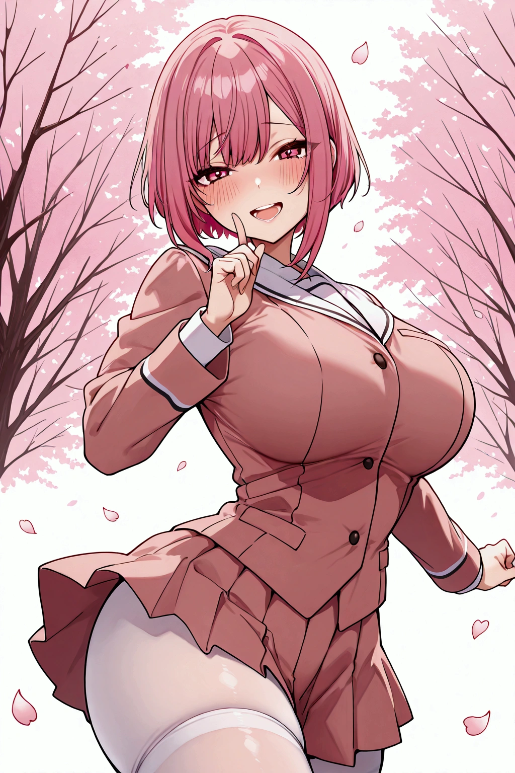  alone, girl, Hakari Hanazono, pink hair, bob haircut, big breast, perfect tights, perfect butt, mole on the buttock, Hakari school uniform, tender smile, open mouth, teeth, uniform ready, short white stockings, salon classes, cherry trees, cherry petals, dynamic pose, feminine, blush,perfect scene , Masterpiece, score 9, anime colors, AMERICAN SHOT, beautiful, composition, HARMONY, high quality