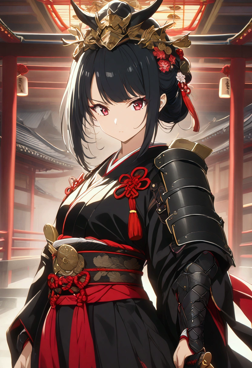 1 girl, black hair, kimono, black kimono, red sash, samurai, katana, anime, asian woman, red eyes, samurai armor.