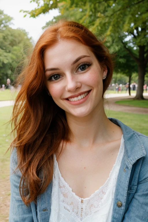 Beautiful redhead, smiling in the park